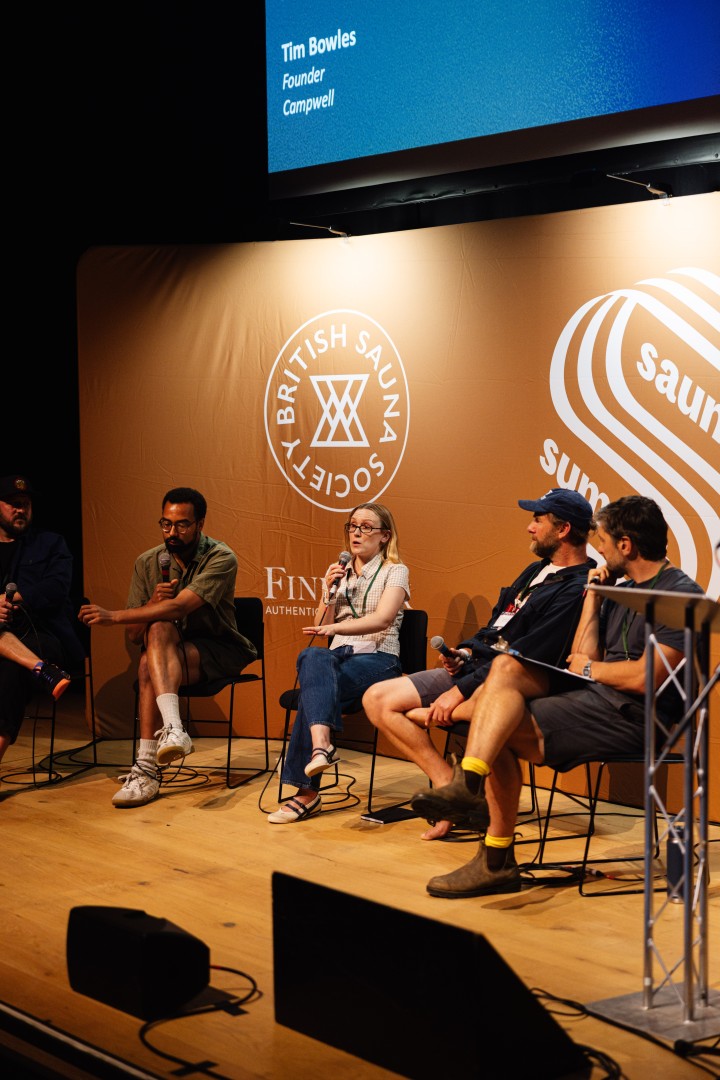 Rachael McGrath speaking on a sauna research panel